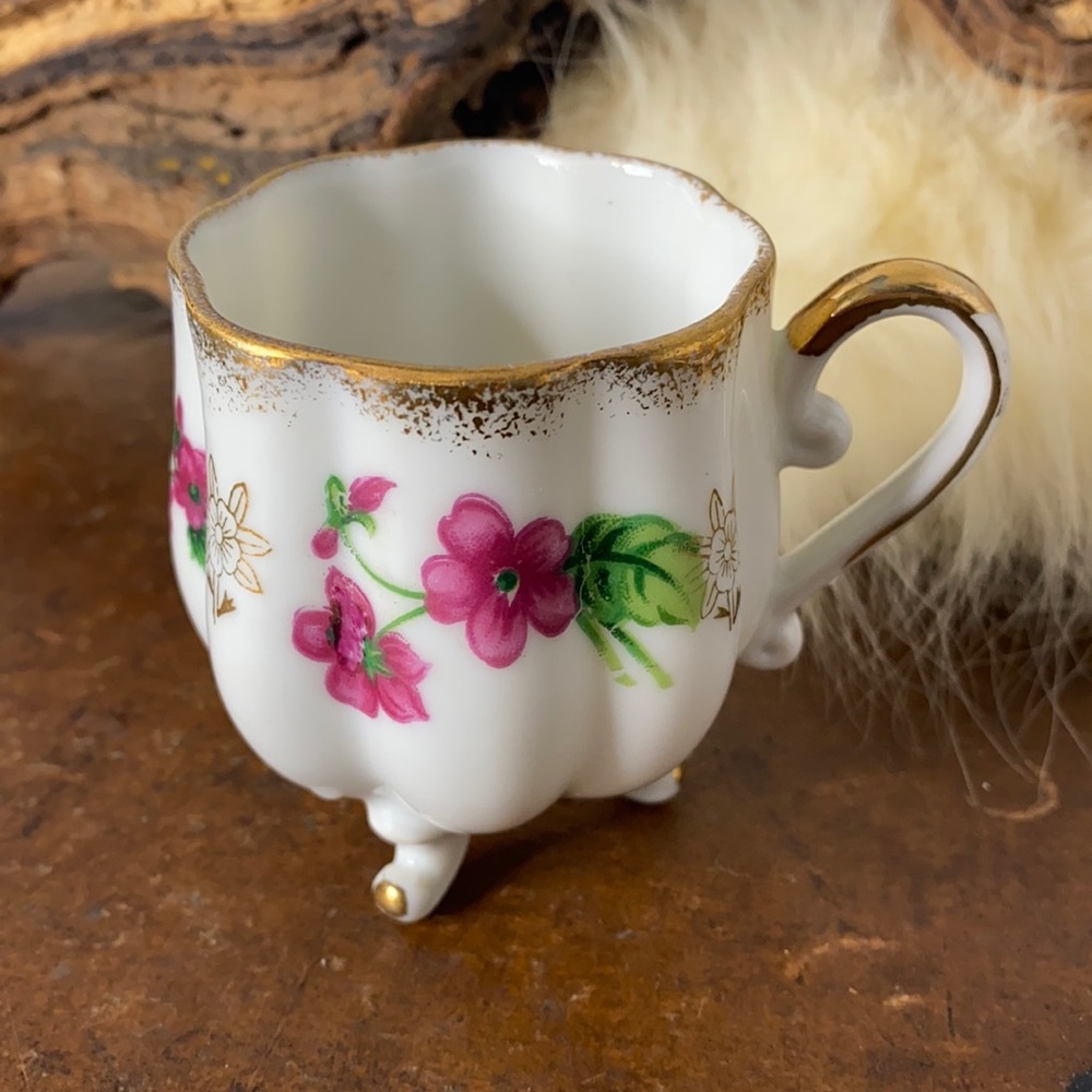 . Vintage LEFTON Bone China Tea Cup - Hand Painted Pink Flowers, Floral Pedestal